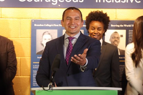 Manitoba Premier Wab Kinew laughs while sparring with a reporter over the vacant Spruce Woods riding seat during a recent press conference. 