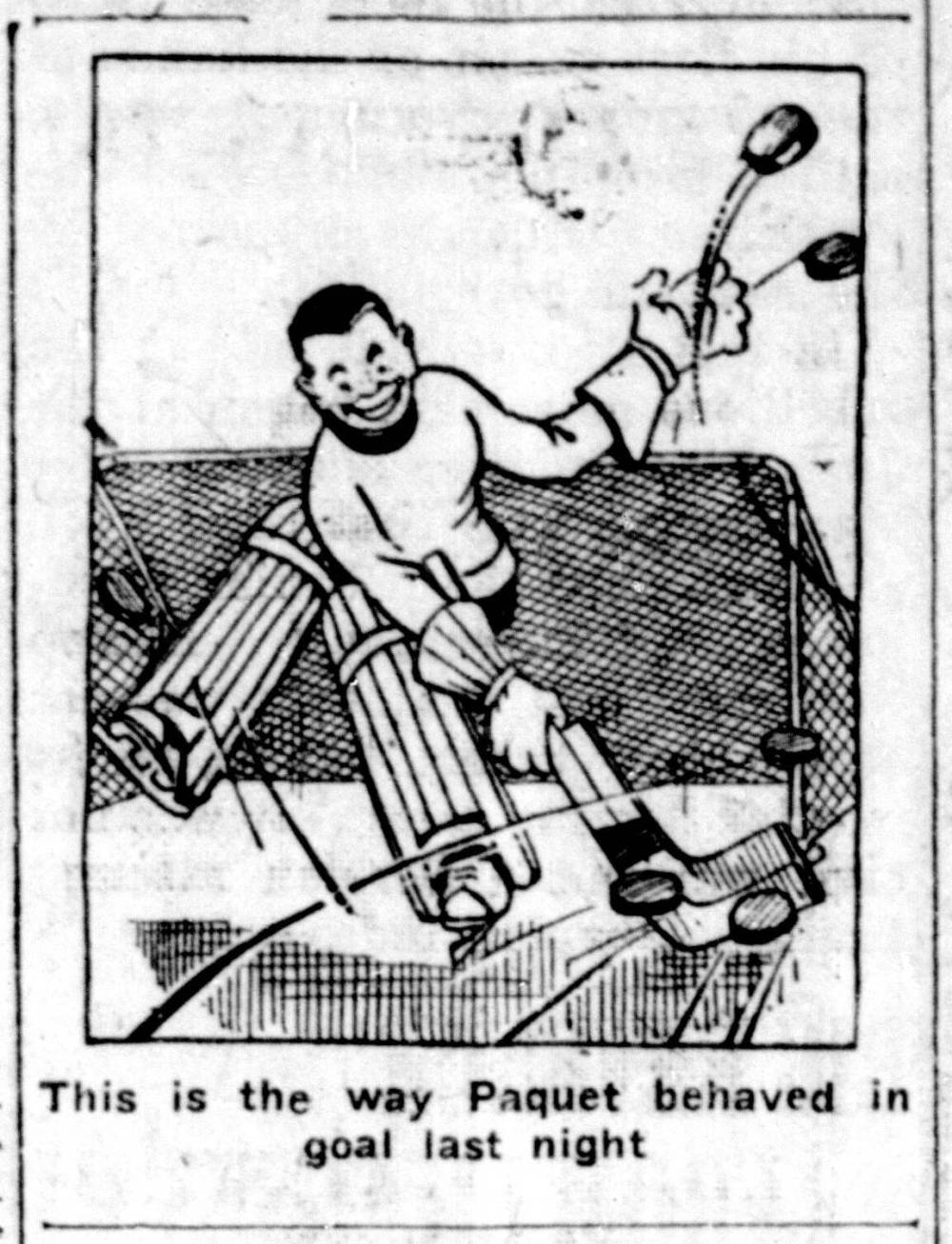 A cartoon that ran in the Dec. 30, 1924 edition of the Brandon Sun shows goalie Alphonse Paquet in action in a 2-1 victory over the visiting Selkirk Fishermen. (Brandon Sun file)