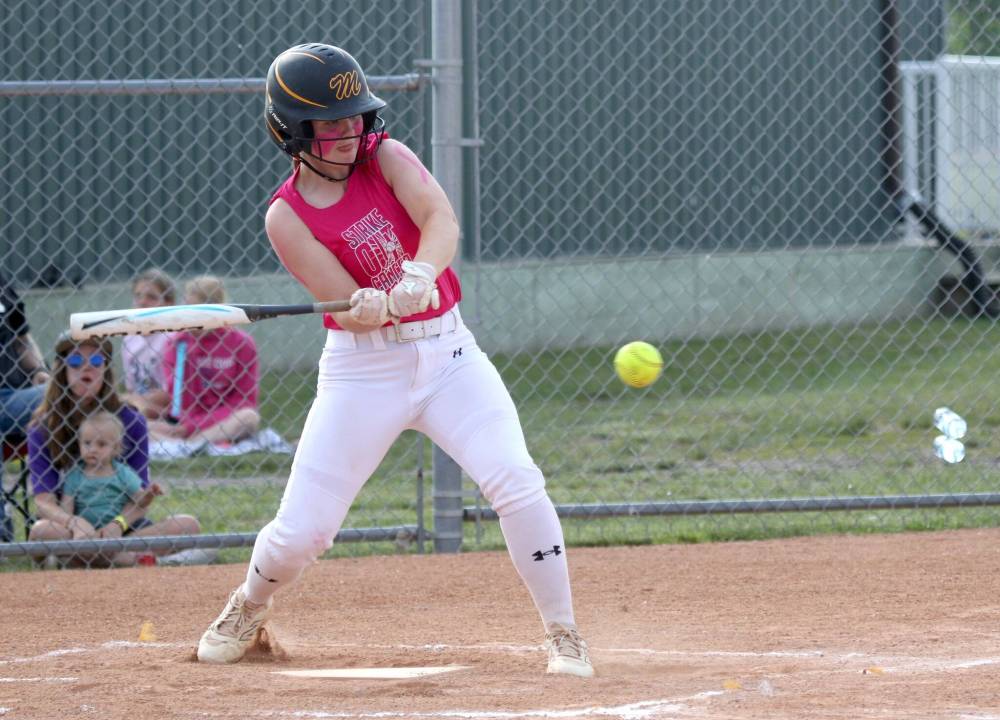 Kiara Spratt swings at a pitch during a Westman Magic game at the Wheat City Classic in June. (Thomas Friesen/The Brandon Sun)