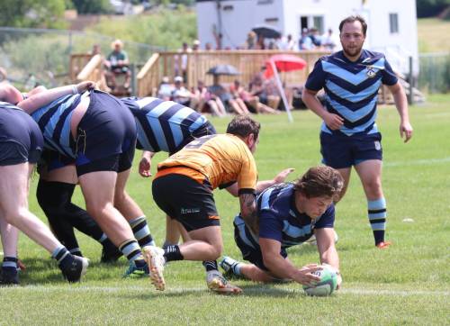 Randy Cooke of the Brandon Barbarians dives in for his second try of the game as they beat the visiting Manitoba Wombats in Premier Men's Division 2 action at John Reilly Field on Saturday afternoon. (Perry Bergson/The Brandon Sun)