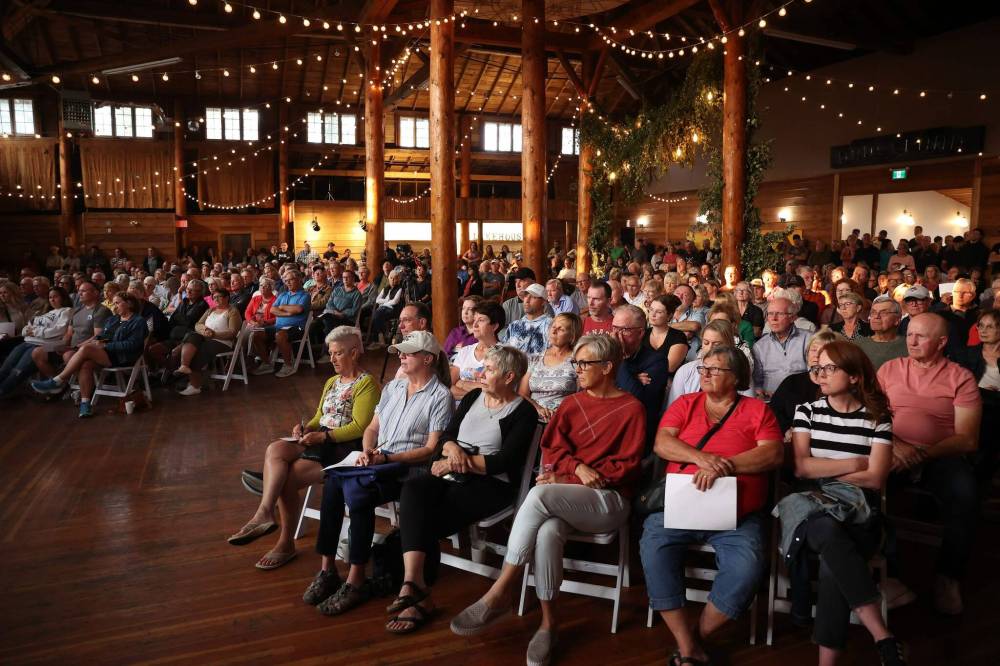 A large crowd fills Danceland in Wasagaming for the Fairness For Clear Lake town hall on Tuesday evening. (Tim Smith/The Brandon Sun)