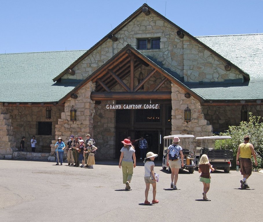 This undated image provided by the National Park Service shows the entrance to the Grand Canyon Lodge on the North Rim at Grand Canyon National Park, Ariz. (Michael Quinn/National Park Service via AP)