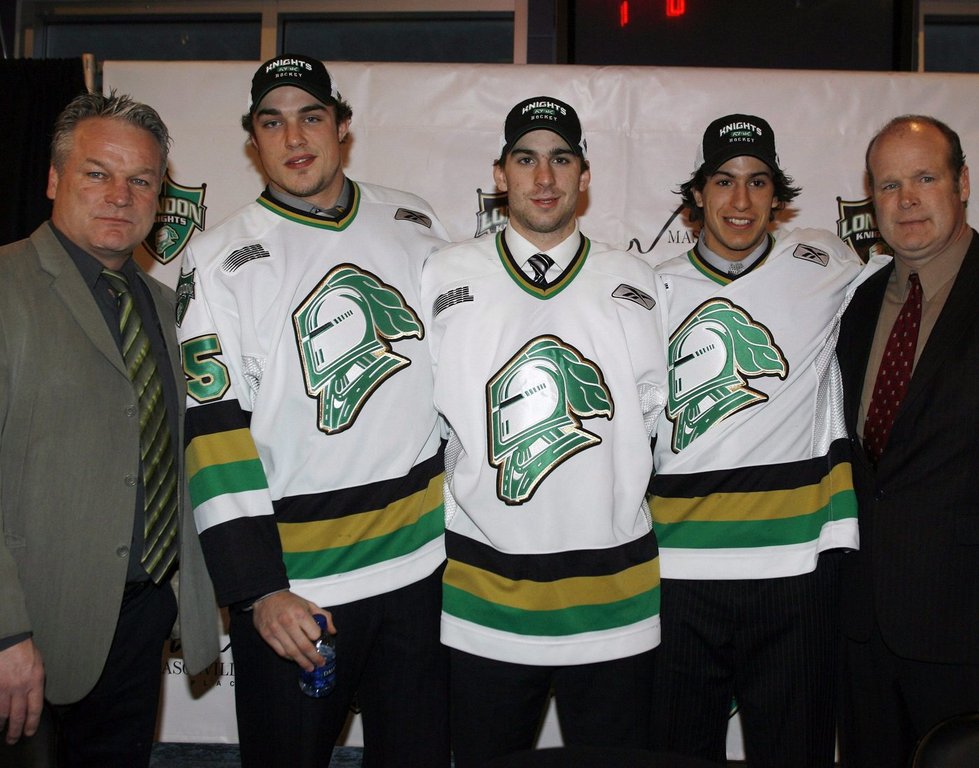 London Knights President Dale Hunter, (left to right) Leigh Salters, John Tavares, Michael Del Zotto and General Manager Mark Hunter attend a news conference in London, Ont., Friday January 9, 2009.
THE CANADIAN PRESS/ Dave Chidley