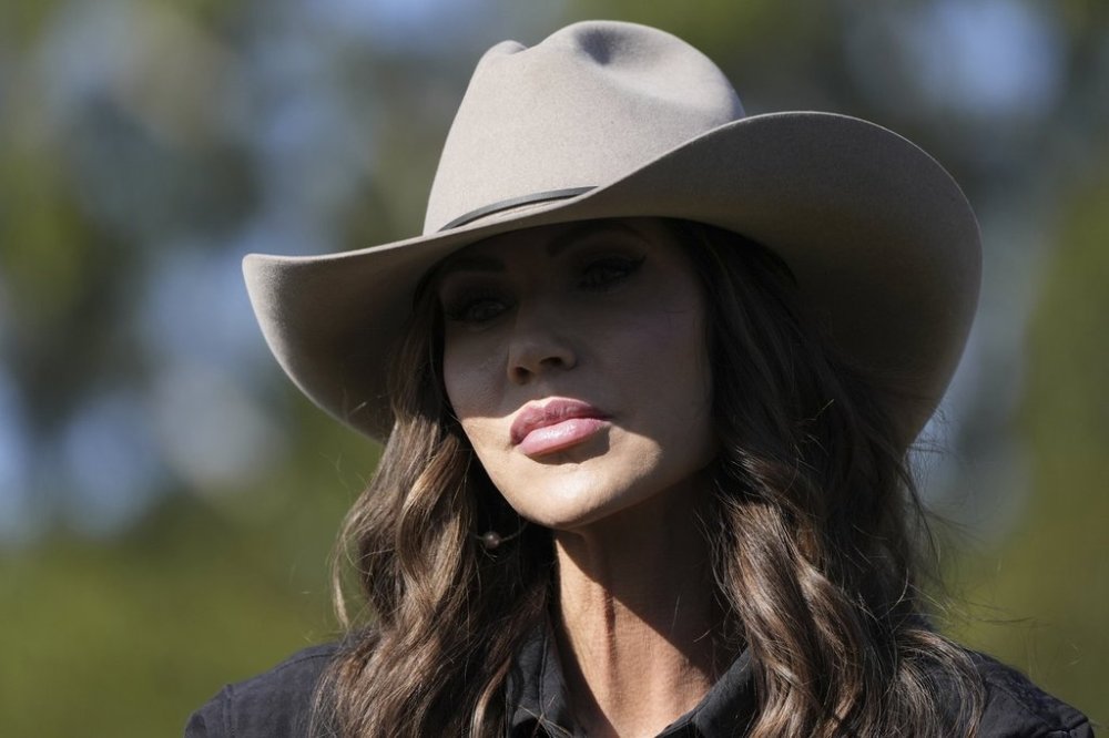 U.S. Homeland Security Secretary Kristi Noem sits on a horse as she speaks to the press upon arrival to the Campo De Mayo Military Base in Buenos Aires province, Argentina, Monday, July 28, 2025. (AP Photo/Alex Brandon, Pool)