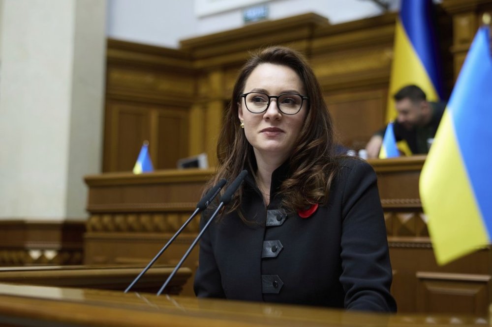 FILE - Vice Prime Minister and Minister of Economy of Ukraine Yuliia Svyrydenko speaks in the Ukrainian Parliament in Kyiv, Ukraine, Thursday, May 8, 2025. (AP Photo/Vadym Sarakhan, File)