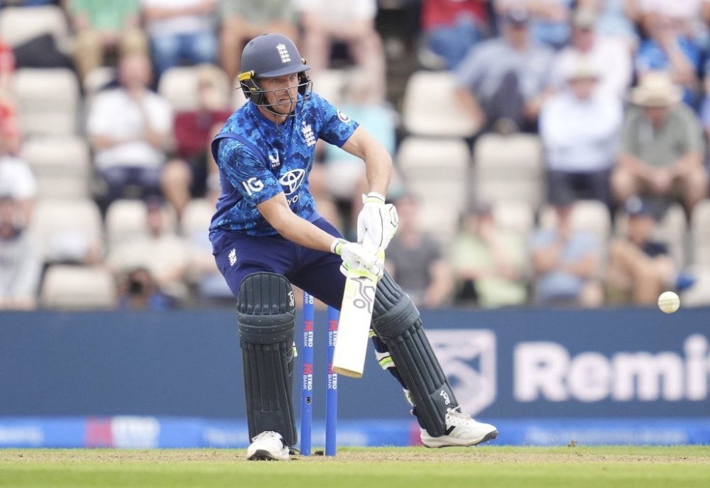 England's Jos Buttler batting during the third ODI series cricket match between England and South Africa, at Utilita Bowl, Southampton, England, Sunday Sept. 7, 2025. (Adam Davy/PA via AP)