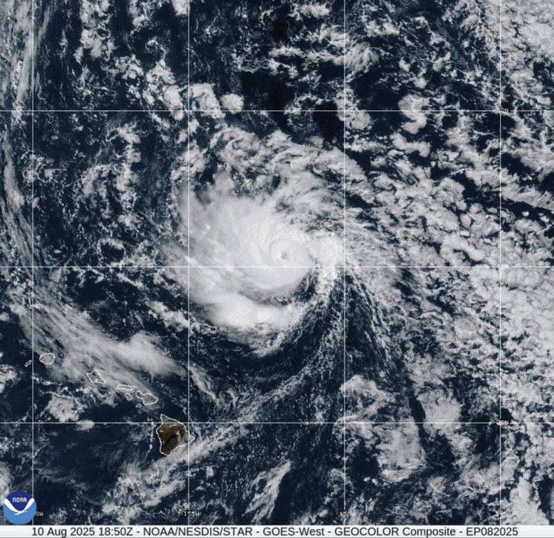 This image provided by the National Oceanic and Atmospheric Administration (NOAA) shows Tropical Storm Henriette,a on Sunday, Aug. 10, 2025. (NOAA via AP)