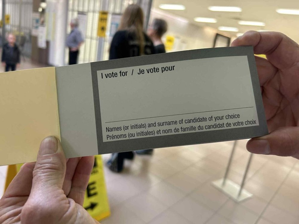 The adapted ballot being used in the Battle River-Crowfoot federal byelection is seen at an advance polling station in Camrose, Alta., on Friday, Aug. 8, 2025. THE CANADIAN PRESS/Fakiha Baig