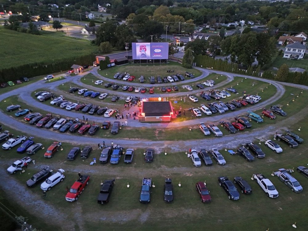 The sunsets on the Shankweiler Drive-In as previews run before the feature film