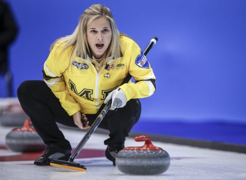Team Manitoba-Jones skip Jennifer Jones directs her teammates as they play Team Alberta in qualifications at the Scotties Tournament of Hearts in Calgary, Alta., Friday, Feb. 23, 2024. THE CANADIAN PRESS/Jeff McIntosh