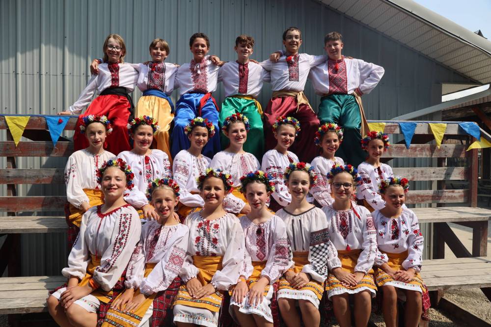 Gold medallists from Rossdale Ukrainian Dance School Junior Hopak from St. Andrew pose for pictures after their performance at the Canada's National Ukrainian Festival's talent competition on Saturday afternoon. (Abiola Odutola/The Brandon Sun)