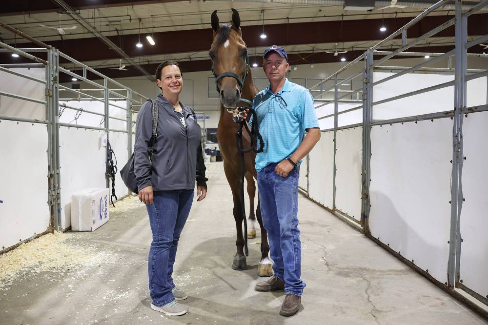 Yvonne and Ron Copple, owners of Copple Show Horses in Washington state, stand with one of their Arabians at the Keystone Centre on Tuesday, ahead of Canada's National Arabian Championship, which runs from Thursday through Aug. 16. (Tim Smith/The Brandon Sun)