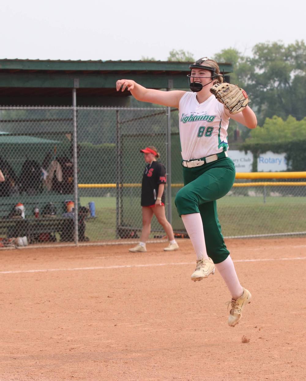 Winnipeg Lightning pitcher Kenzie Dudeck leaps in the air after her team edged the Smitty's Terminators 3-2 in an all-Manitoba final at the under-19 western Canadian softball championship at Ashley Neufeld Softball Complex on Sunday. (Perry Bergson/The Brandon Sun)