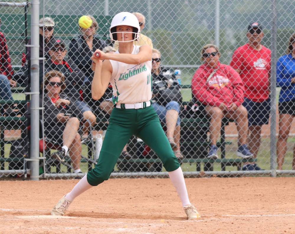 Brandon-born, Winnipeg-raised Madison Lyburn of the Winnipeg Lightning watches a pitch whizz by her head during the under-19 western Canadian softball championship final at Ashley Neufeld Softball Complex on Sunday. (Perry Bergson/The Brandon Sun)