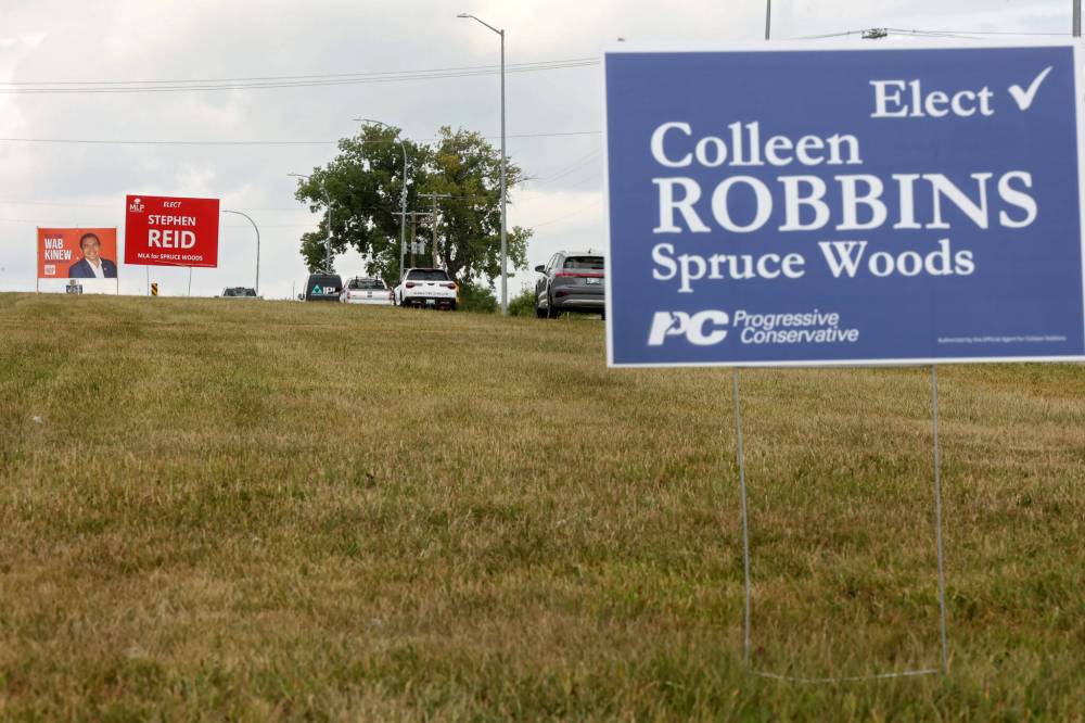 Election signs promoting candidates for the Spruce Woods byelection sit along 18th Street North in Brandon recently. (Tim Smith/The Brandon Sun)
