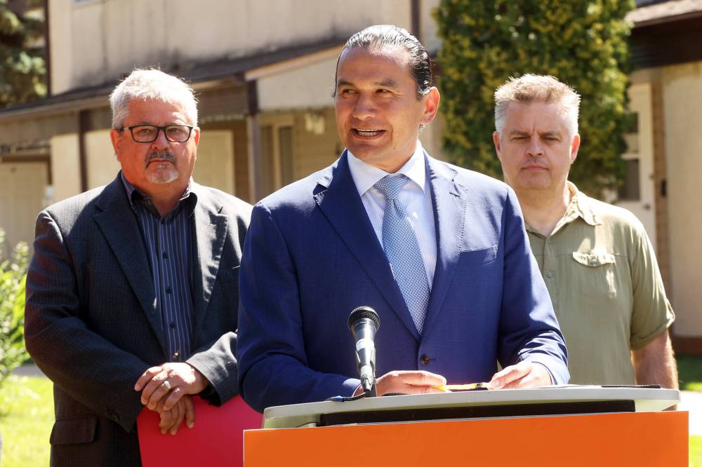 Manitoba Premier Wab Kinew speaks during a press conference at the Spruce Woods Housing Co-op in Brandon on Friday. (Photos by Tim Smith/The Brandon Sun)