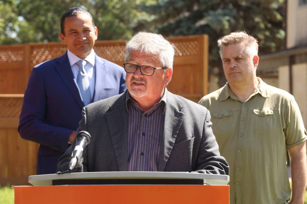 Spruce Woods NDP byelection candidate Ray Berthelette speaks during Friday’s press conference.