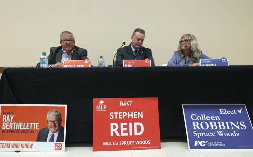 The three Spruce Woods provincial byelection candidates attend Wednesday’s debate at the Sprucewoods Community Hall near CFB Shilo. From left: New Democrat Ray Berthelette, Liberal Stephen Reid and Progressive Conservative Colleen Robbins. (Matt Goerzen/The Brandon Sun)