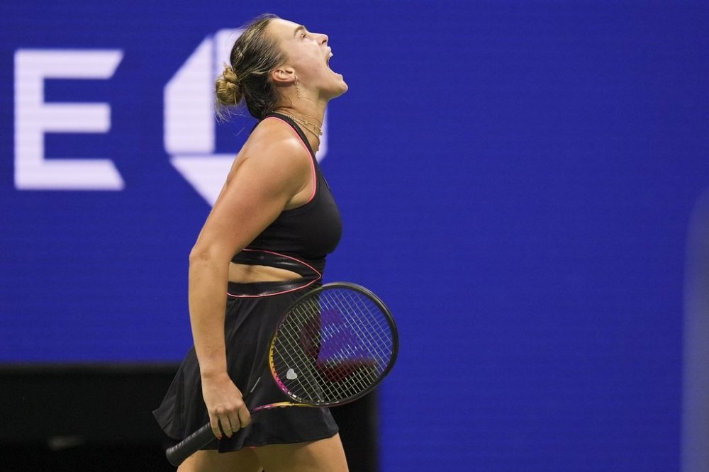 Aryna Sabalenka, of Belarus, reacts after winning a point Jessica Pegula, of the United States, during the women's singles semifinals of the U.S. Open tennis championships, Thursday, Sept. 4, 2025, in New York. (AP Photo/Seth Wenig)