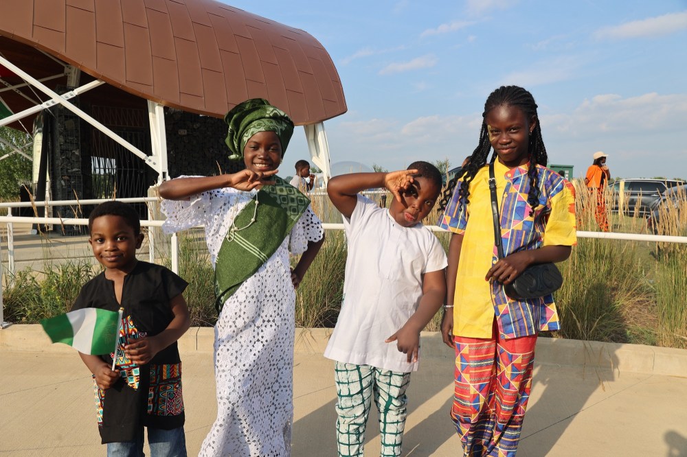 Nigel Oluwafemi (from left), Muiza Ismail, Habeeb Omotoba and his sister Hadeezah proud to display their Nigerian traditional wears during the Naija Summer Fair on Saturday. (Abiola Odutola/The Brandon Sun)