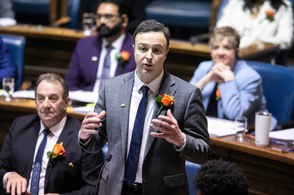 Finance Minister Adrien Sala speaks during question period in the legislative chamber on budget day at the Manitoba Legislative Building in March. Sala, we submit, is one of a few ministers who deserve to be booted from cabinet. (Mikaela MacKenzie/Winnipeg Free Press files)