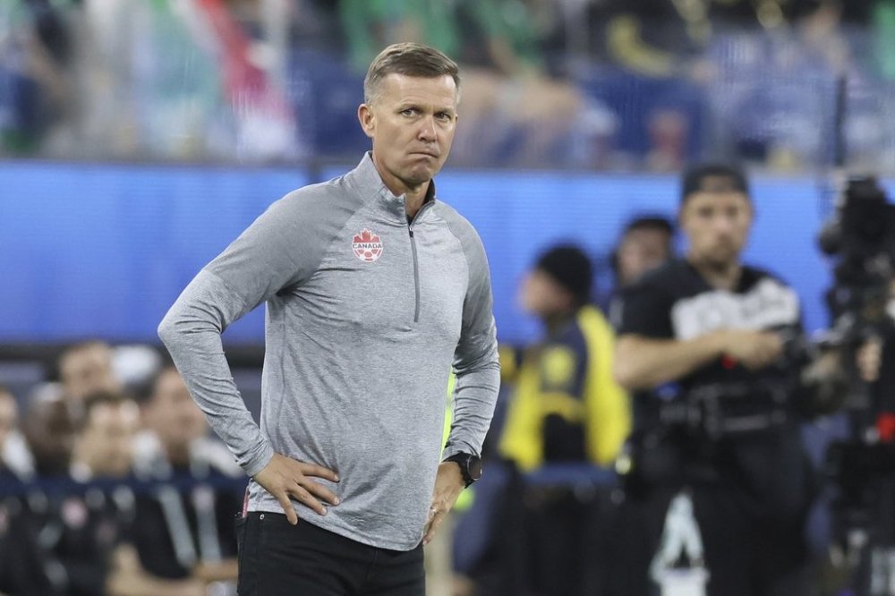 FILE - Canada head coach Jesse Marsch reacts during the first half of a CONCACAF Nations League semifinal soccer match against Mexico, Thursday, March 20, 2025, in Inglewood, Calif. (AP Photo/Etienne Laurent, file)