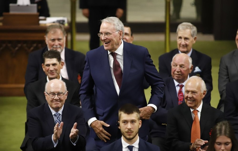 Ken Dryden and members of Team Canada from the 1972 Summit Series are honoured in the House of Commons, in Ottawa, Thursday, Sept. 22, 2022. THE CANADIAN PRESS/ Patrick Doyle