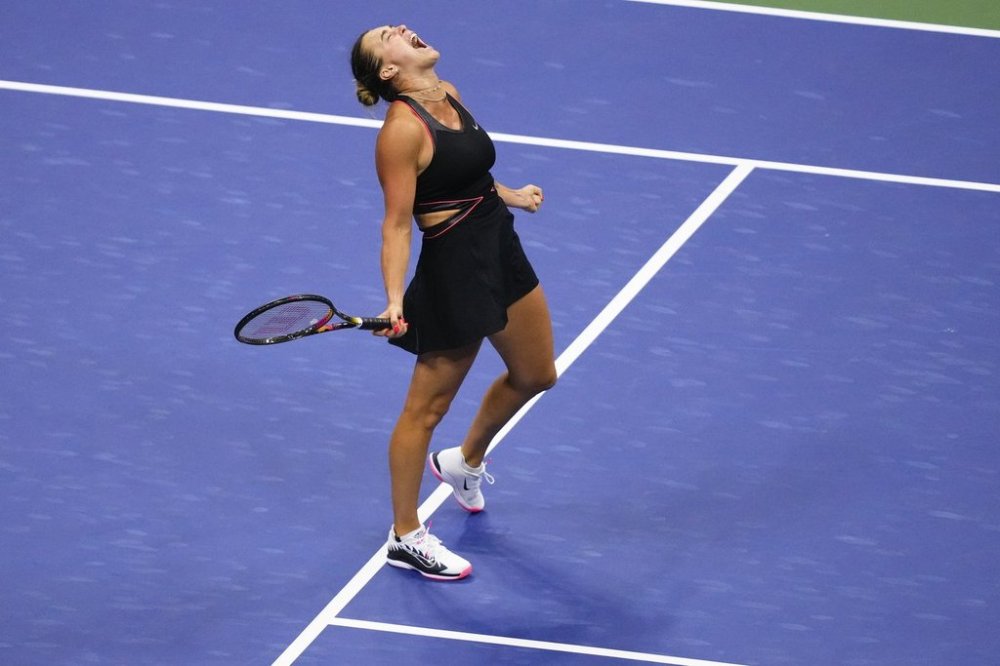 Aryna Sabalenka, of Belarus, reacts after defeating Jessica Pegula, of the United States, during the women's singles semifinals of the U.S. Open tennis championships, Thursday, Sept. 4, 2025, in New York. (AP Photo/Yuki Iwamura)