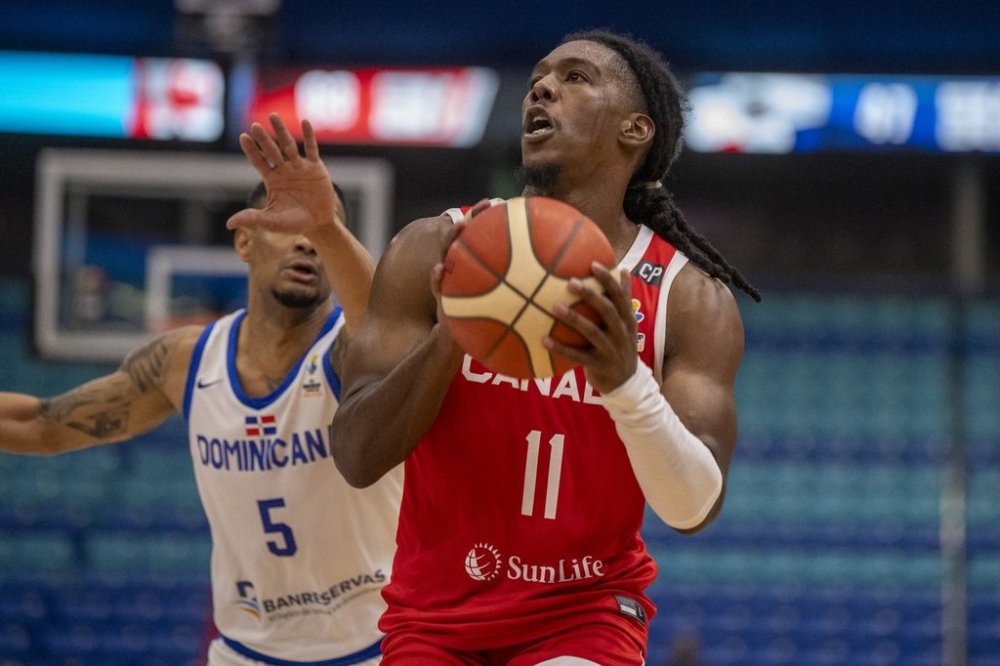 Team Canada's Marcus Carr shoots against Team Dominican Republic during second half FIBA men's AmeriCup 2025 Qualifiers in Saskatoon, Sask. on Thursday, November 21, 2024. THE CANADIAN PRESS/Liam Richards
