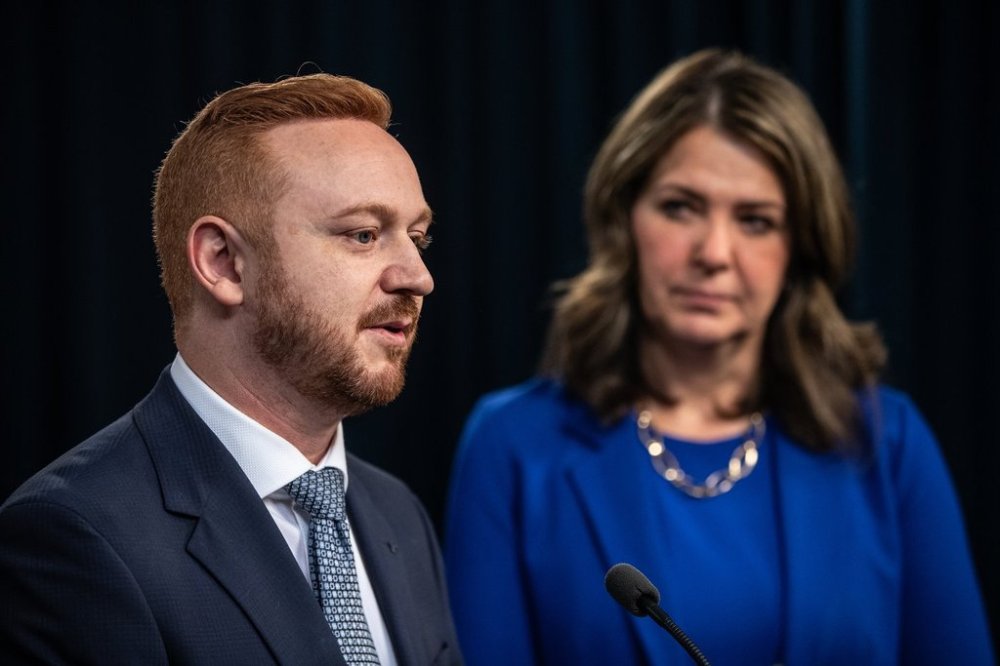 Alberta Premier Danielle Smith and Minister of Justice Mickey Amery announce proposed changes to several pieces of democratic process legislation in Edmonton on Tuesday, April 29, 2025. THE CANADIAN PRESS/Jason Franson