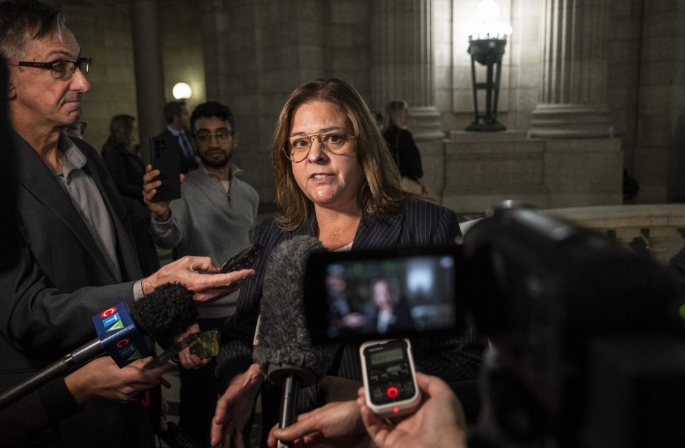 Heather Stefanson, speaks to media after the completion of the 43rd Manitoba legislature throne speech at the Manitoba Legislative Building in Winnipeg on Nov. 21, 2023. The Sio Silica affair brought a fine for Stefanson and a smear on her political record, but a number of companies have provided her a soft landing, nonetheless. (The Canadian Press)