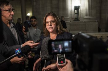 Heather Stefanson, speaks to media after the completion of the 43rd Manitoba legislature throne speech at the Manitoba Legislative Building in Winnipeg, Tuesday, Nov. 21, 2023. THE CANADIAN PRESS/Aaron Vincent Elkaim