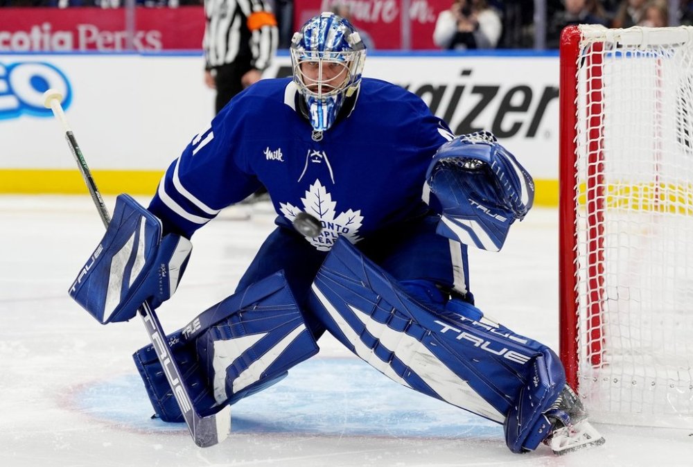 Toronto Maple Leafs goaltender Anthony Stolarz (41) prepares for a shot from the Ottawa Senators during second period NHL playoff action in Toronto, on Tuesday, April 29, 2025. THE CANADIAN PRESS/Frank Gunn