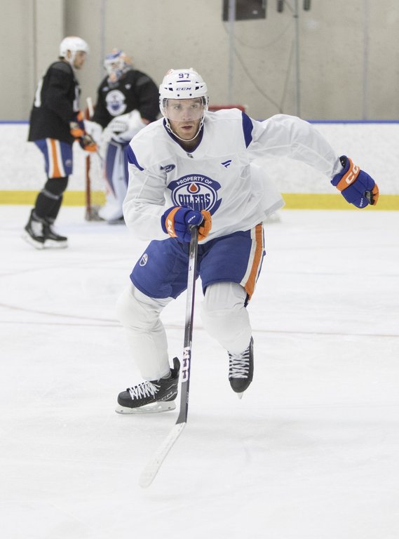 Edmonton Oilers' Connor McDavid (97) skates during training camp in Edmonton on Thursday September 18, 2025. THE CANADIAN PRESS/Amber Bracken