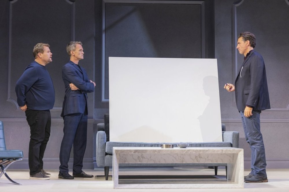 This image released by Polk & Co. shows James Corden, from left, Neil Patrick Harris and Bobby Cannavale during a performance of