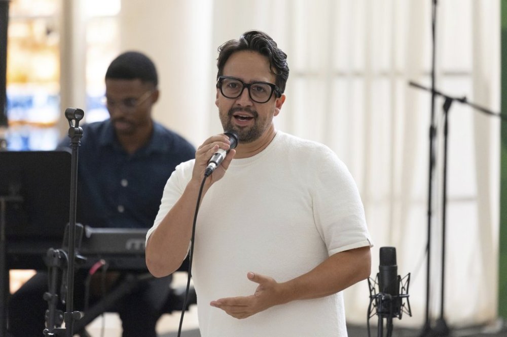 Lin-Manuel Miranda speaks to attendees during the closing event of the Flamboyan Arts Fund at the Museum of Contemporary Art in San Juan, Puerto Rico, Saturday, Sept. 13, 2025. (AP Photo/Alejandro Granadillo)