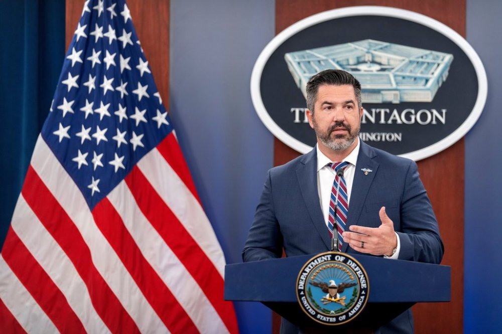 FILE - Pentagon spokesman Sean Parnell speaks during a press briefing at the Pentagon, Wednesday, July 2, 2025, in Washington. (AP Photo/Mark Schiefelbein, File)