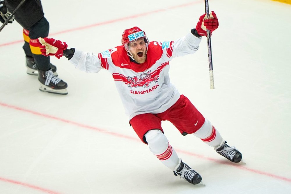 FILE - Denmark's Nikolaj Ehlers reacts after against German during a Group B match between Germany and Denmark at the hockey world championships, Tuesday, May 20, 2025, in Herning, Denmark. (Bo Amstrup/Ritzau Scanpix via AP, File)