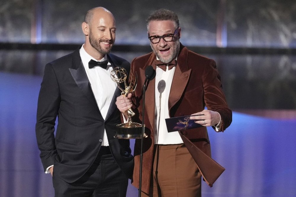 Evan Goldberg, left, and Seth Rogen accept the award for outstanding directing for a comedy series for