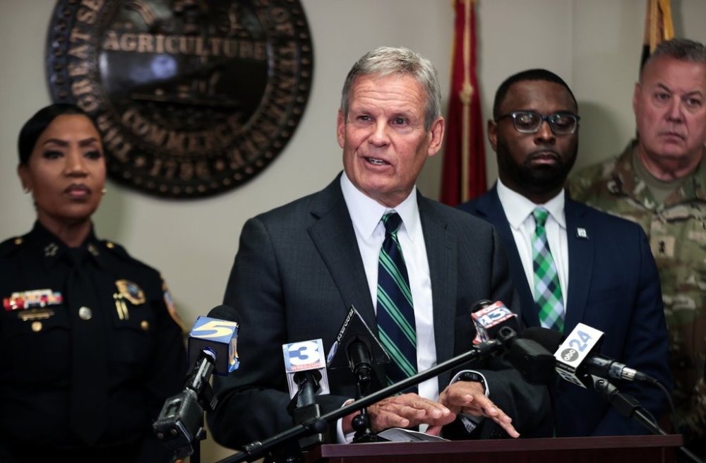 Tennessee Gov. Bill Lee speaks about the National Guard and federal agencies arriving in Memphis, Tenn., during a news conference Friday, Sept. 26, 2025. (Patrick Lantrip/Daily Memphian via AP)
