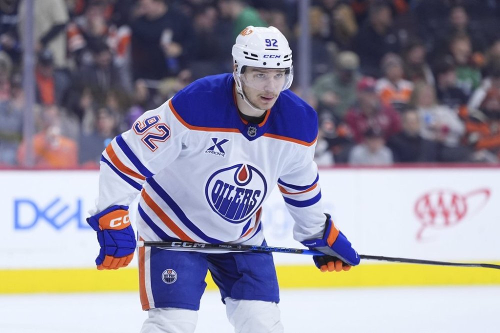 Edmonton Oilers' Vasily Podkolzin plays during an NHL hockey game, Saturday, Feb. 22, 2025, in Philadelphia. (AP Photo/Matt Slocum)