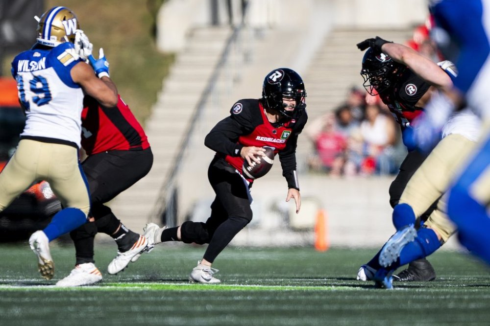 Ottawa Redblacks quarterback Dru Brown (3) runs with the ball during second half CFL action against the Winnipeg Blue Bombers in Ottawa, on Saturday, Sept. 20, 2025. THE CANADIAN PRESS/Spencer Colby