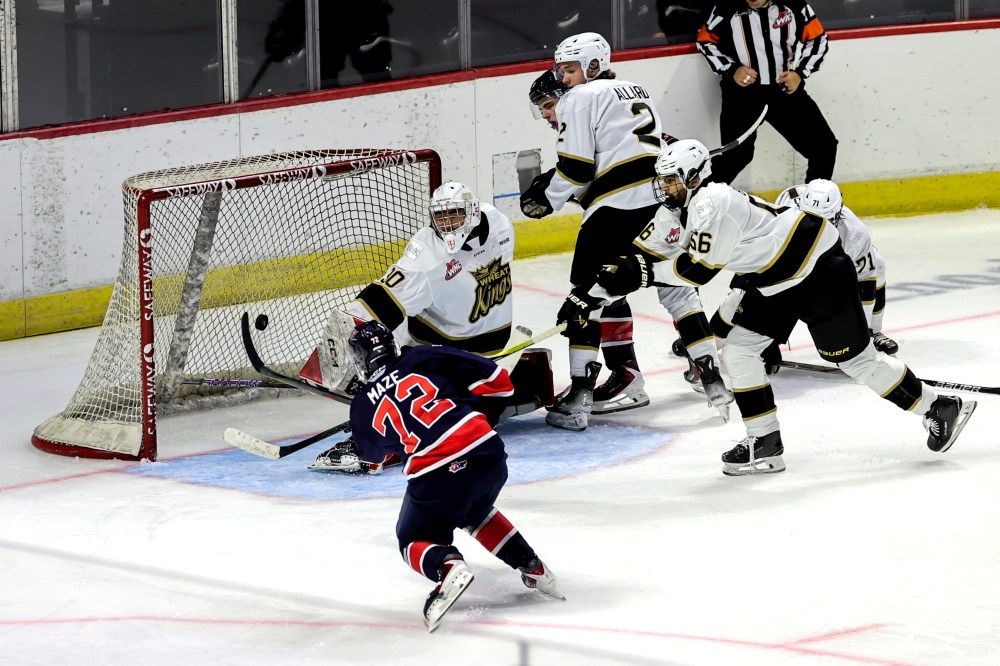 Regina Pats forward Julien Maze (72) fires a shot past Brandon Wheat Kings goalie Joffrey Chan (30) as Prabh Bhathal (56) and Cameron Allard (2) look on during Western Hockey League pre-season action at Brandt Centre on Friday. (Keith Hershmiller Photography)
Sept. 5, 2025