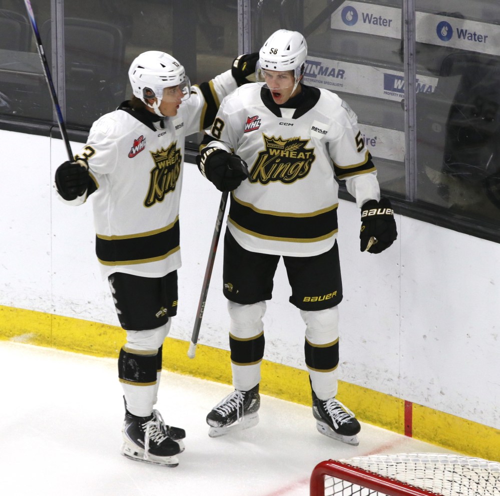 Brandon Wheat Kings forward Gunnar Gleasman (58) celebrates his goal with teammate Asher Lucas (13) during the first period of their pre-season Western Hockey League game against the Regina Pats at Assiniboine Credit Union Centre on Saturday. (Perry Bergson/The Brandon Sun)
Sept. 6, 2025