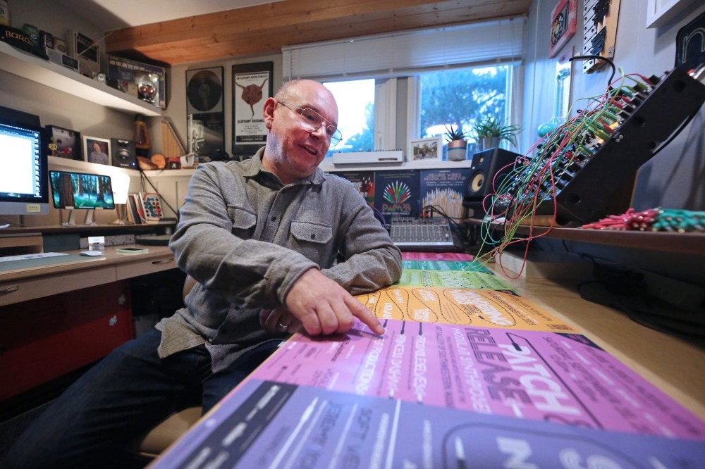 Brandon-based sound artist and graphic designer Brendon Ehinger explains the many components of the upcoming Prairie Wires Modular Festival of Electronic Sound, which will take place Sept. 19 and 20 in Brandon. Ehinger, pictured here in his home studio on Sept. 4, is the founder and creative director behind the festival. (Matt Goerzen/The Brandon Sun)