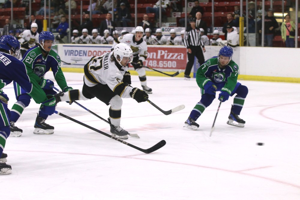 Brandon Wheat Kings forward Joby Baumuller fires home what proved to be the winning goal as Swift Current Broncos Calum Brownlee (15), Parker Rondeau (23) and Jace McFaul (7) defend at Virden's Tundra Oil and Gas Place on Saturday in Western Hockey League pre-season action. (Perry Bergson/The Brandon Sun)
Sept. 14, 2025