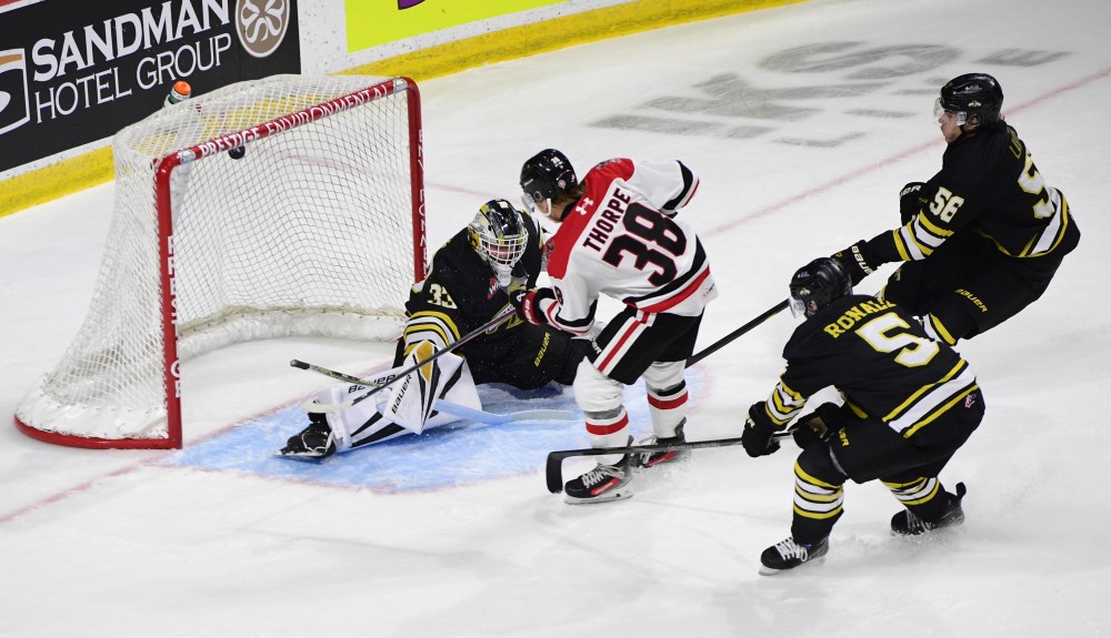 Moose Jaw Warriors forward Riley Thorpe scores the opening goal of the game past Brandon Wheat Kings goalie Jayden Kraus as defenceman Dylan Ronald (5) and Max Lavoie (56) rush back during the first period of Western Hockey League action at Temple Gardens Centre on Saturday. (Nick Pettigrew/Moose Jaw Warriors)
Sept. 20, 2025