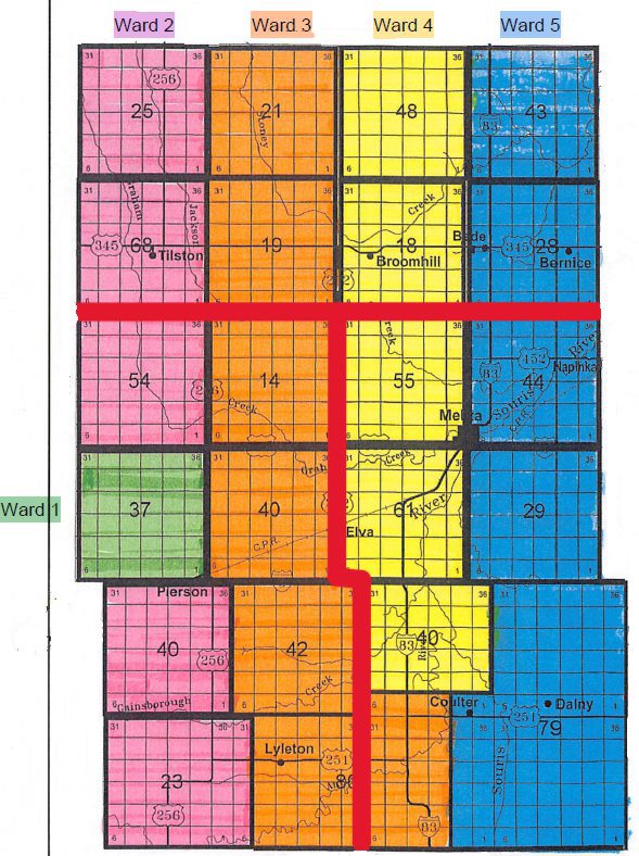 A map showing the proposed and current wards for the Municipality of Two Borders. The five new proposed wards are Ward 1 in green, Ward 2 in pink, Ward 3 in orange, Ward 4 in yellow and Ward 5 in blue. The proposed new wards all have roughly the same population. The three current wards are marked by the red lines. (The Brandon Sun/Municipality of Two Borders)