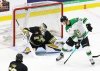 Brandon Wheat Kings goalie Jayden Kraus (33) watches the puck hit the ankle of Prince Albert Raiders forward Max Heise (14) during Western Hockey League action at Assiniboine Credit Union Place on Saturday. (Perry Bergson/The Brandon Sun)
Sept. 27, 2025