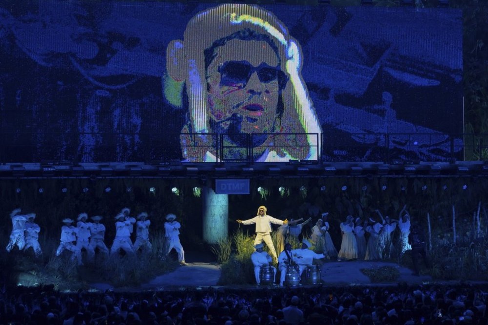 Bad Bunny performs during the final concert of his summer residency in his homeland at the Coliseo de Puerto Rico Jose Miguel Agrelot, in San Juan, Puerto Rico, Saturday, Sept. 20, 2025. (AP Photo/Alejandro Granadillo)